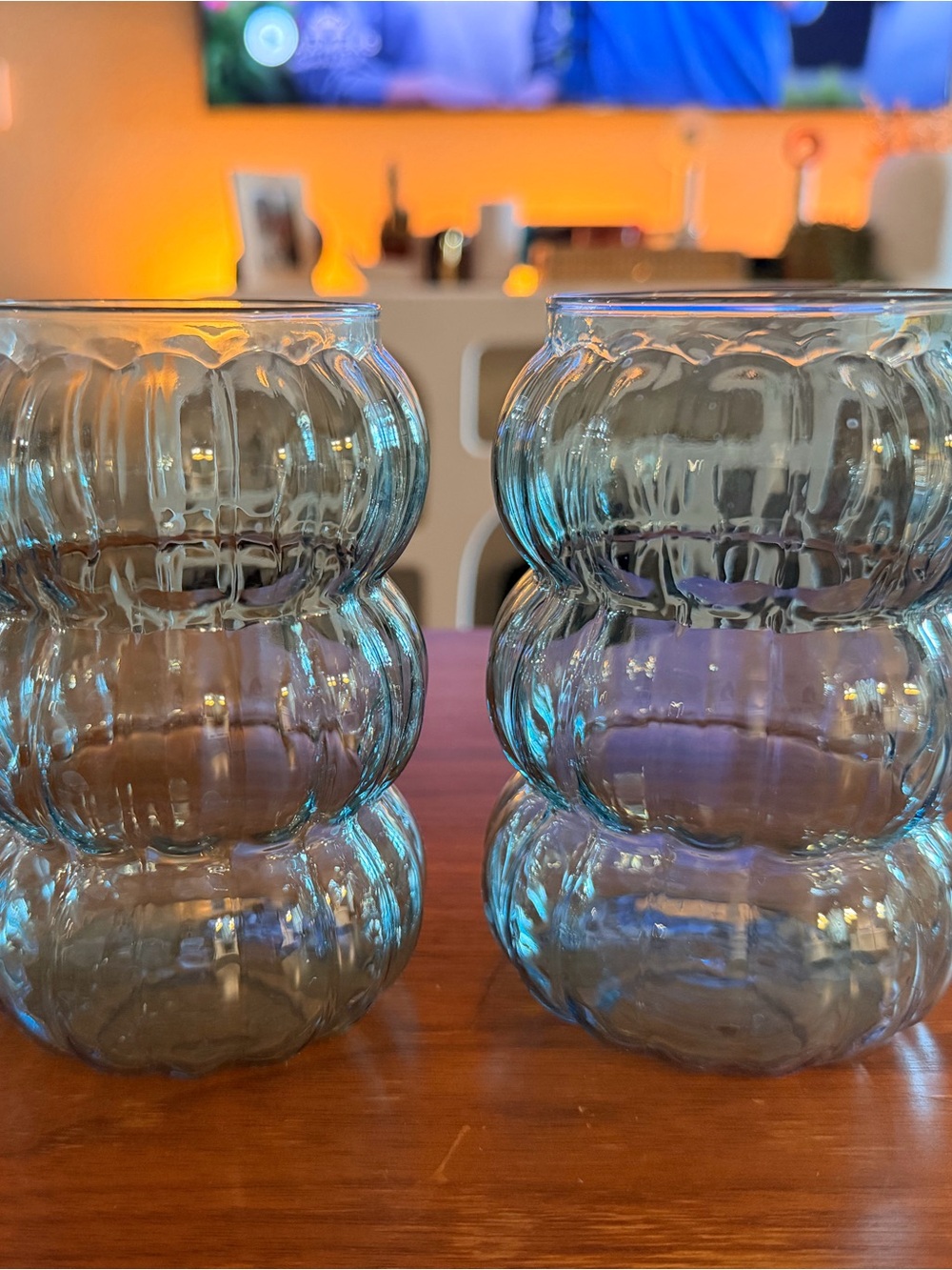 Blue Ribbed Glass Bubble glasses set of 2 - 18 oz each approximately